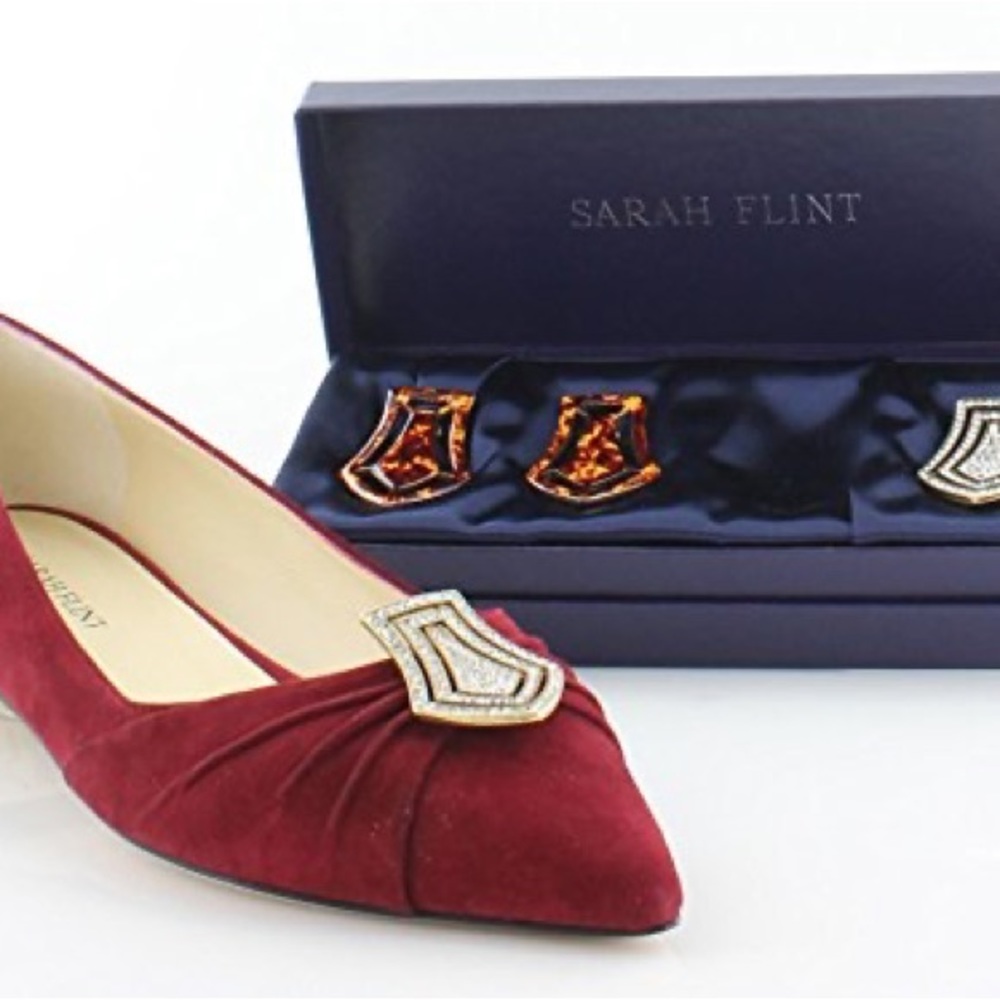 Sarah Flint Harper Flat in Cherry Suede w/Rhinestone & Tortoise Shell Shoe Clips